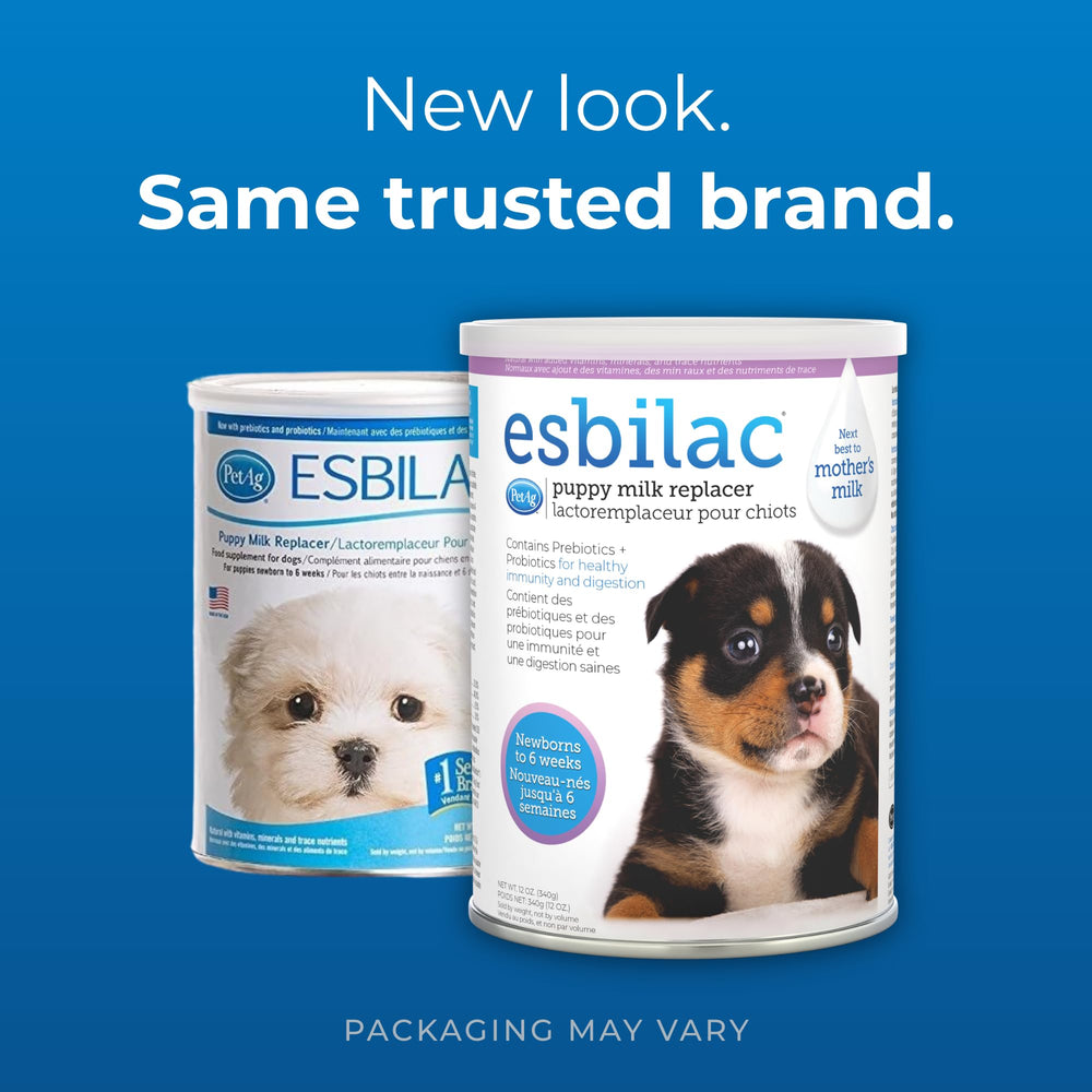 PetAg Esbilac tub close-up nutrition label showing balanced nutrients