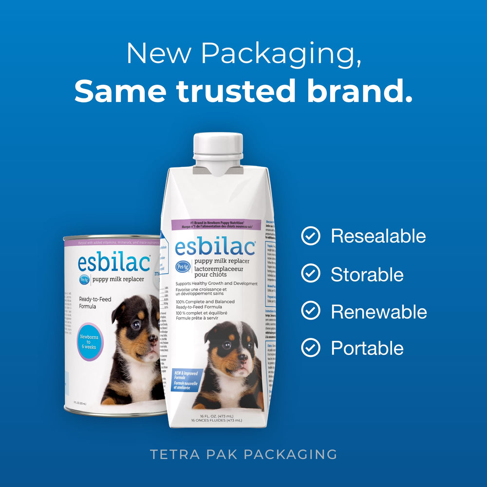 Esbilac ready-to-feed puppy milk ideal for quick feeding sessions.