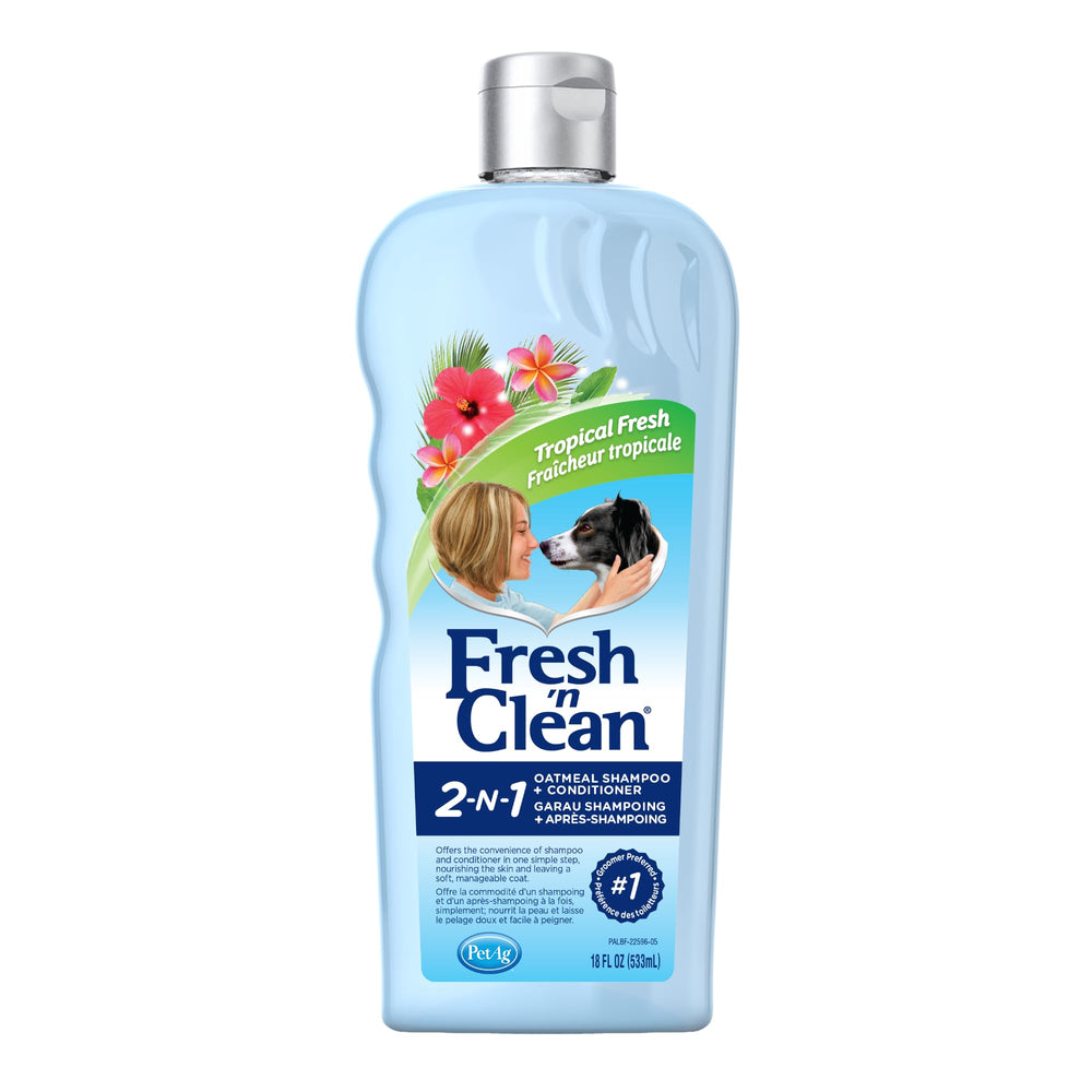 PetAg Fresh-n-Clean 2-N-1 shampoo bottle with soap-free formula for gentle cleansing.