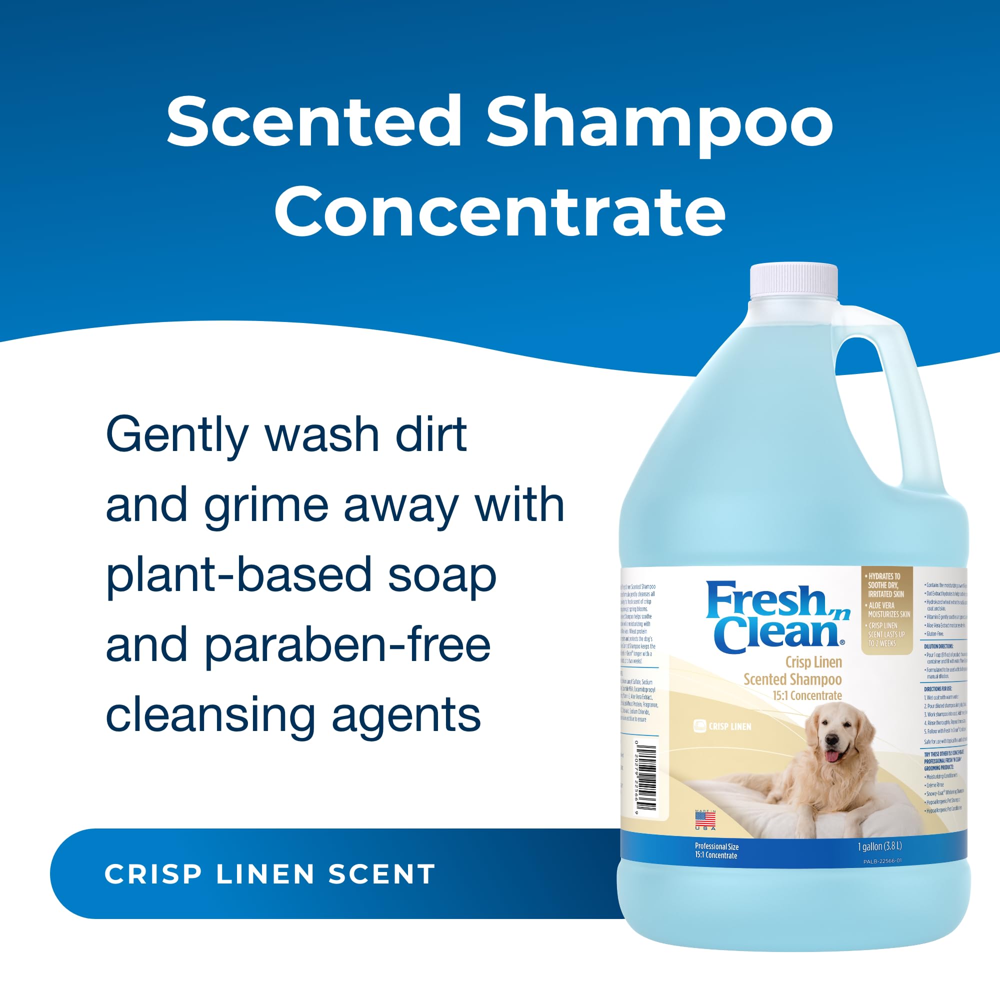 PetAg Fresh 'n Clean Crisp Linen bottle back view highlights a skin-soothing formula.