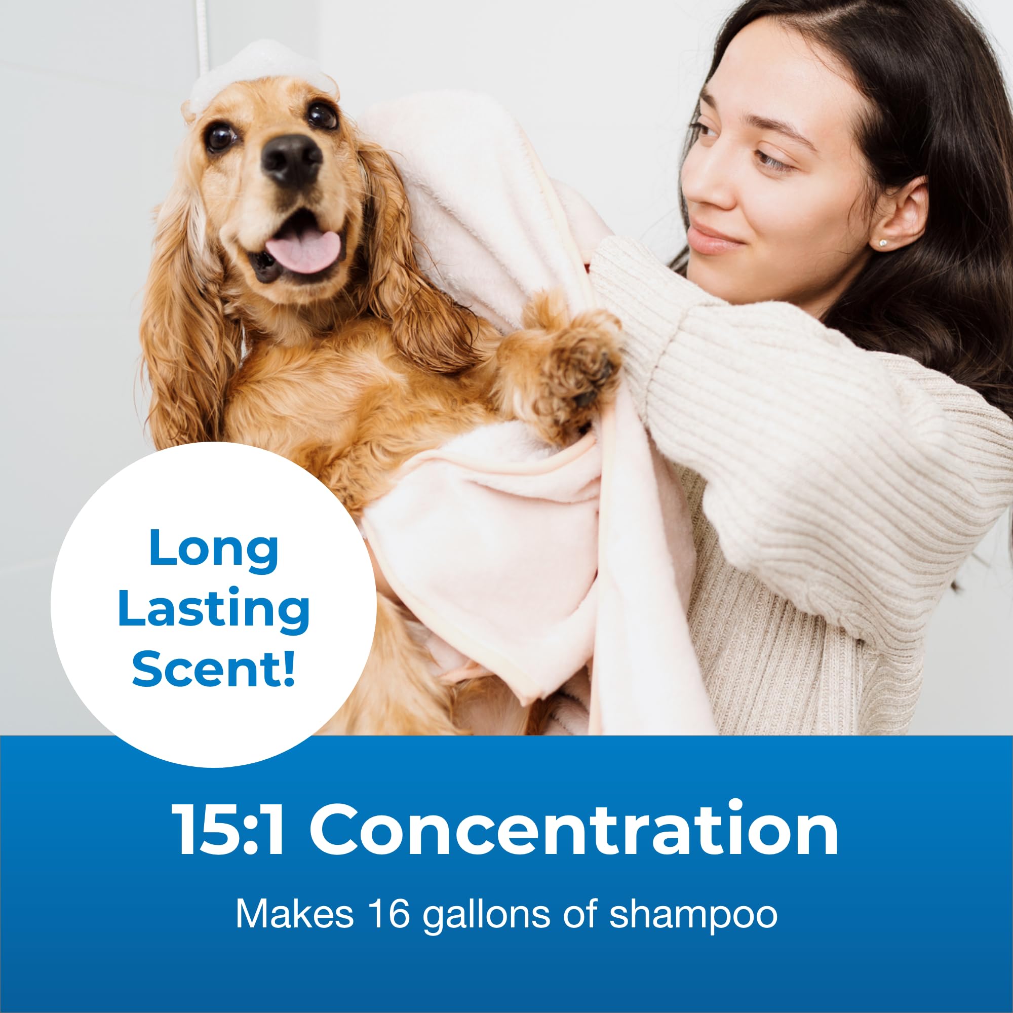 PetAg Fresh 'n Clean Crisp Linen Shampoo foaming on dog coat for cleansing.