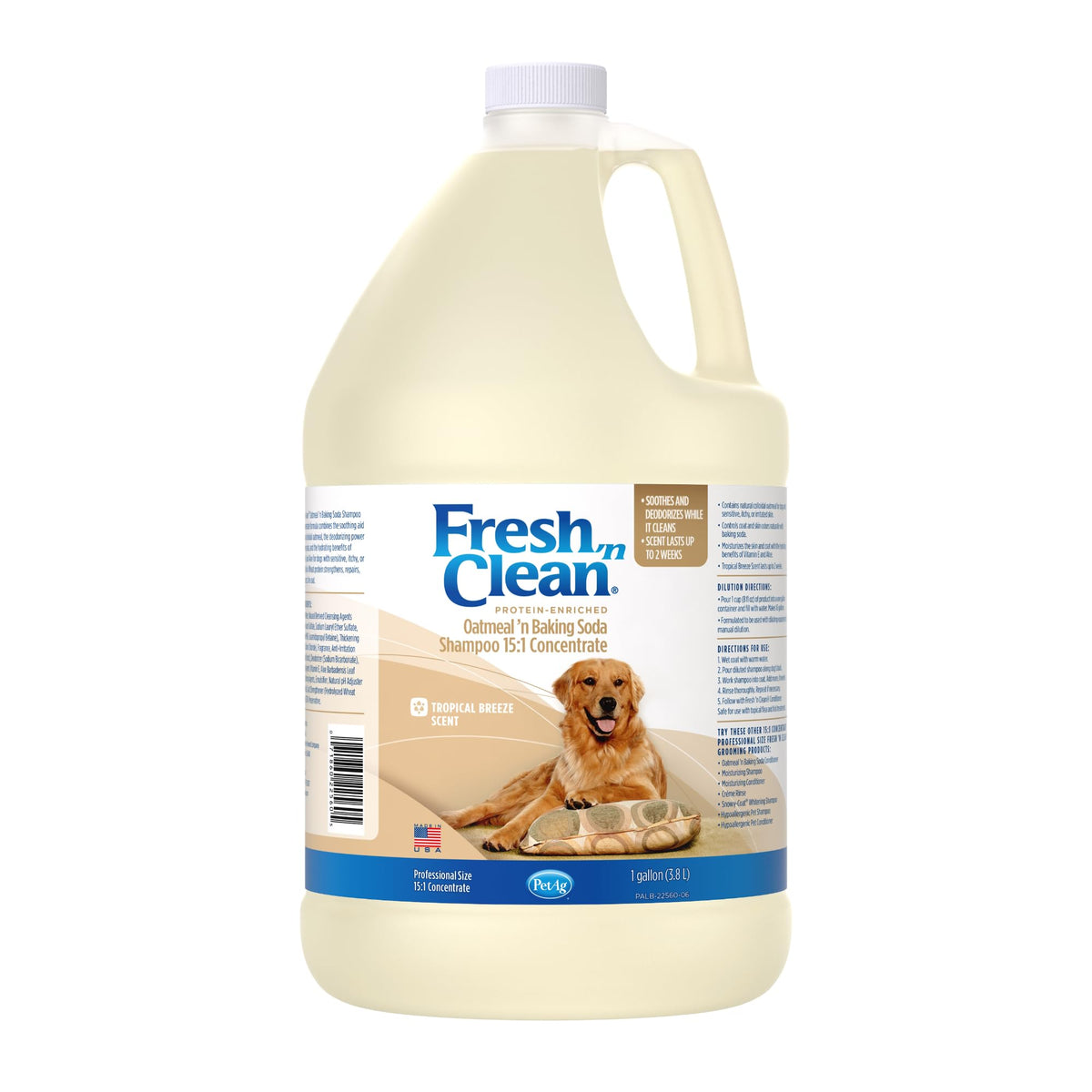 PetAg Fresh ’n Clean shampoo bottle front showing tropical scent benefits