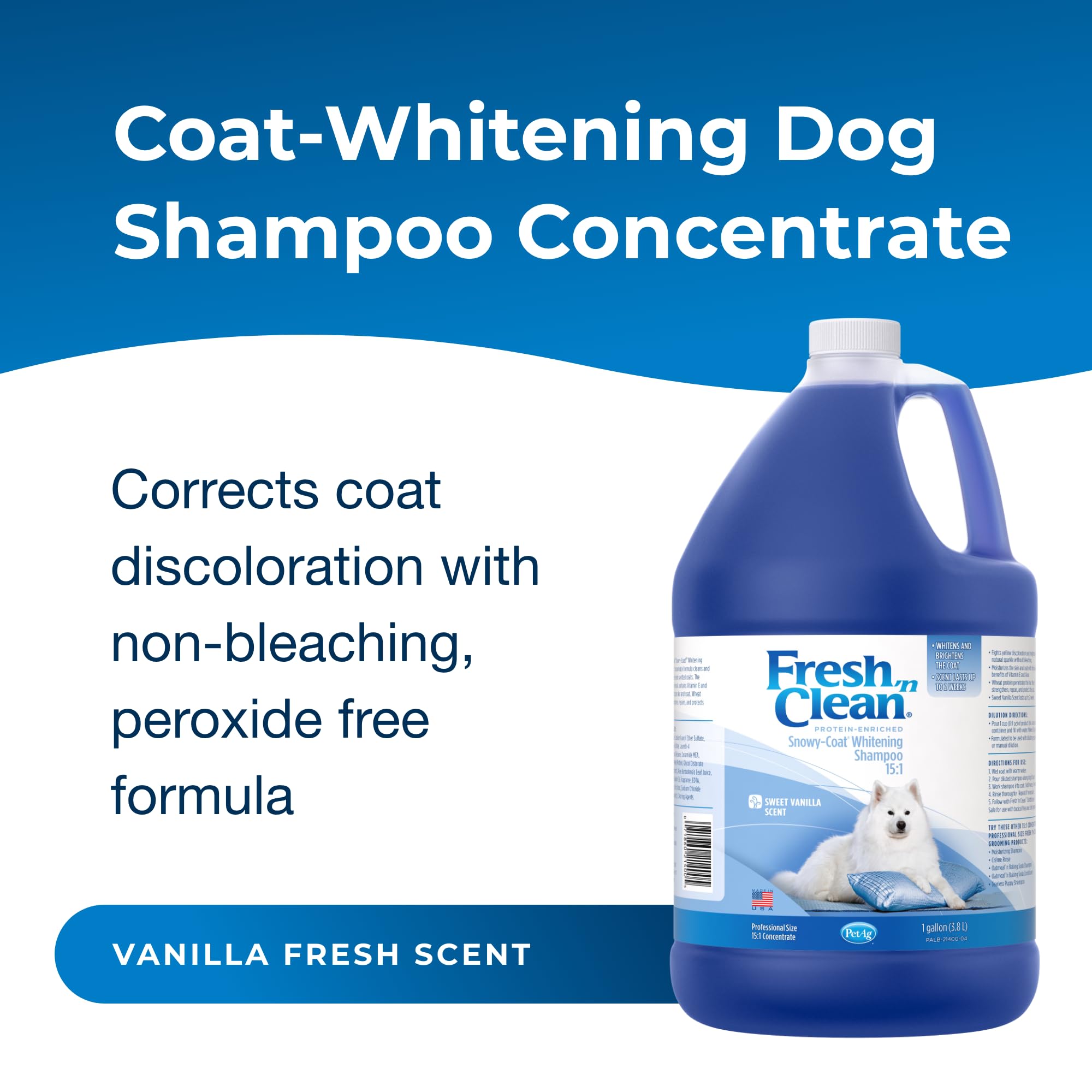PetAg Snowy-Coat shampoo foam on coat for even whitening and moisture.