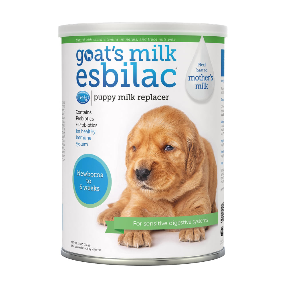 PetAg Goat's Milk Esbilac powder tub for easy, gentle puppy nutrition.