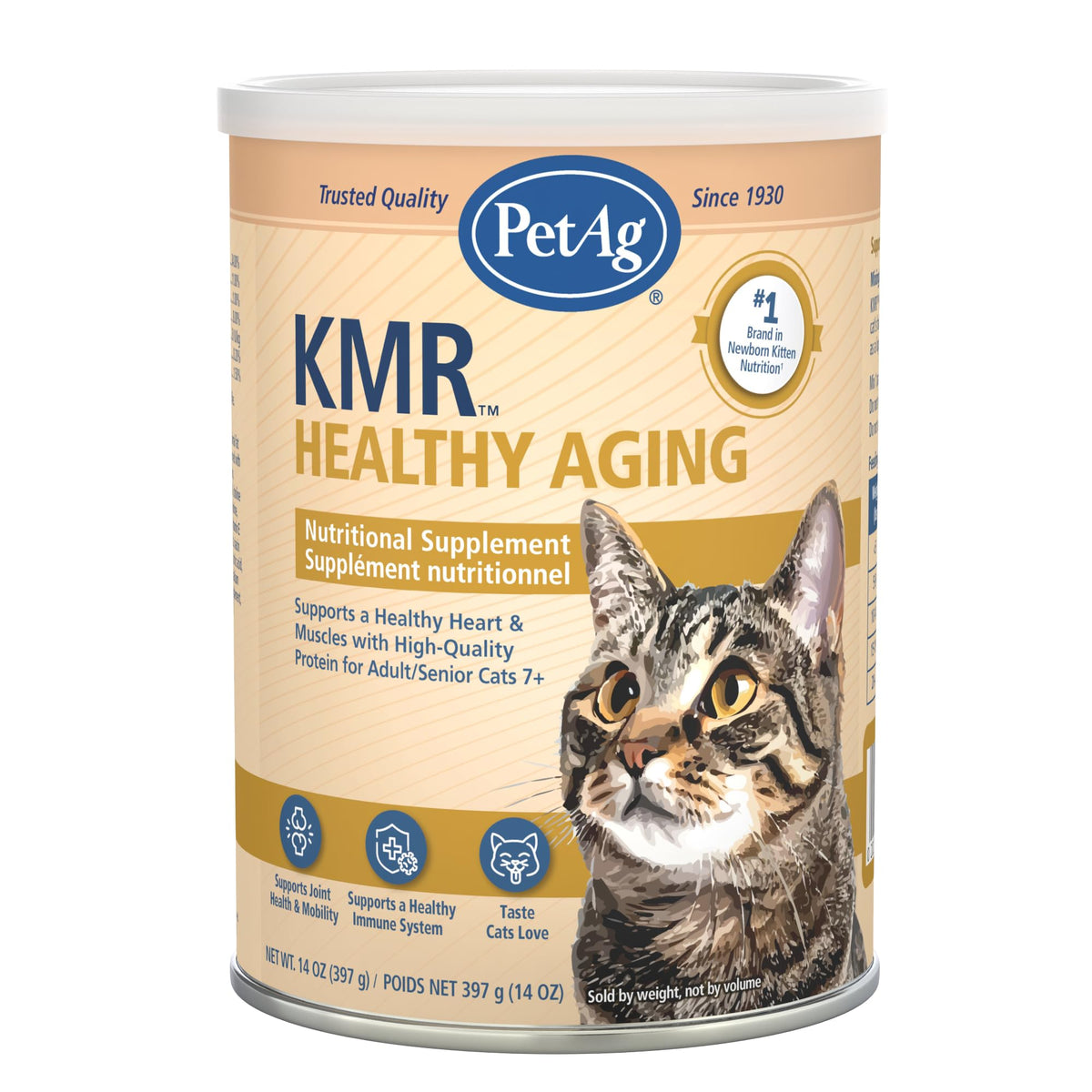 PetAg KMR Healthy Aging 14oz bottle for adult and senior cats, supporting heart and muscle health.