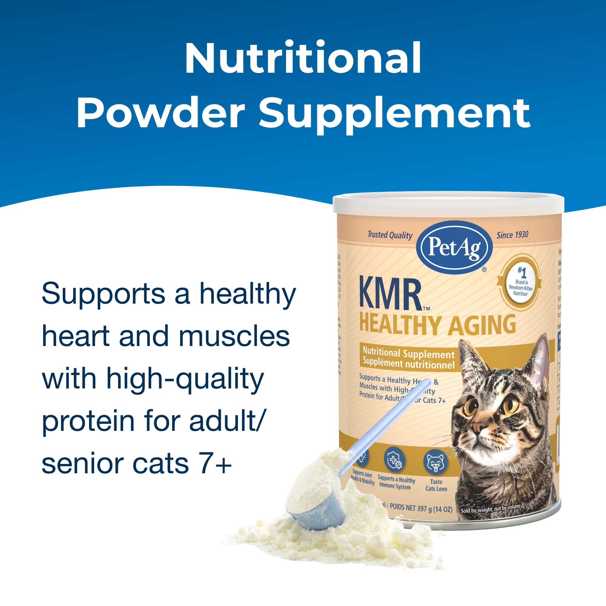 Close-up of PetAg KMR Healthy Aging powder highlighting premium protein for aging cats.