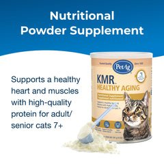 Close-up of PetAg KMR Healthy Aging powder highlighting premium protein for aging cats.