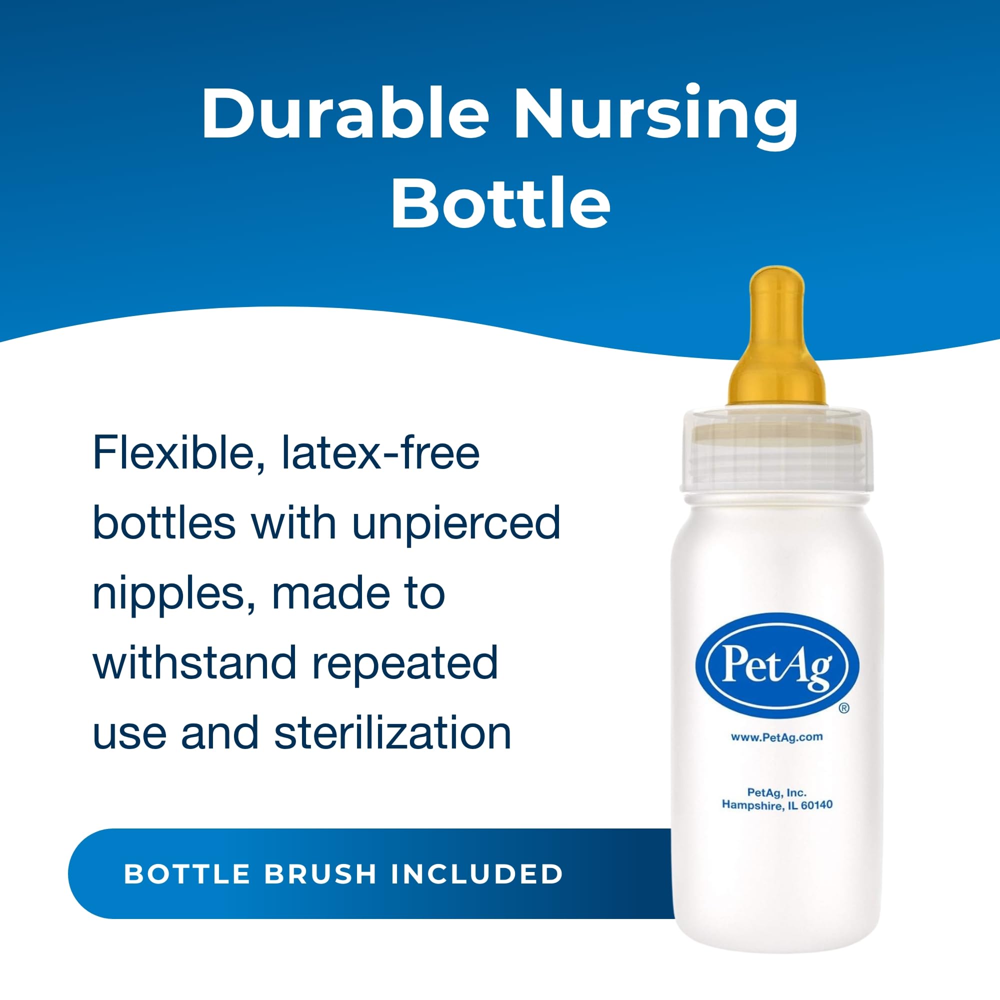 PetAg Nurser bottle nipple focus shows latex-free design for natural feeding action.