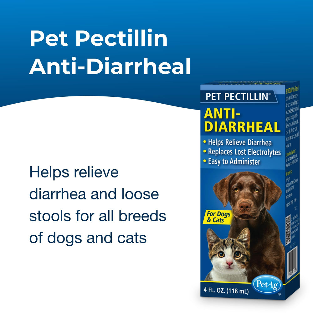 PetAg Pet Pectillin packaging front highlights a trusted diarrhea relief option for pets.