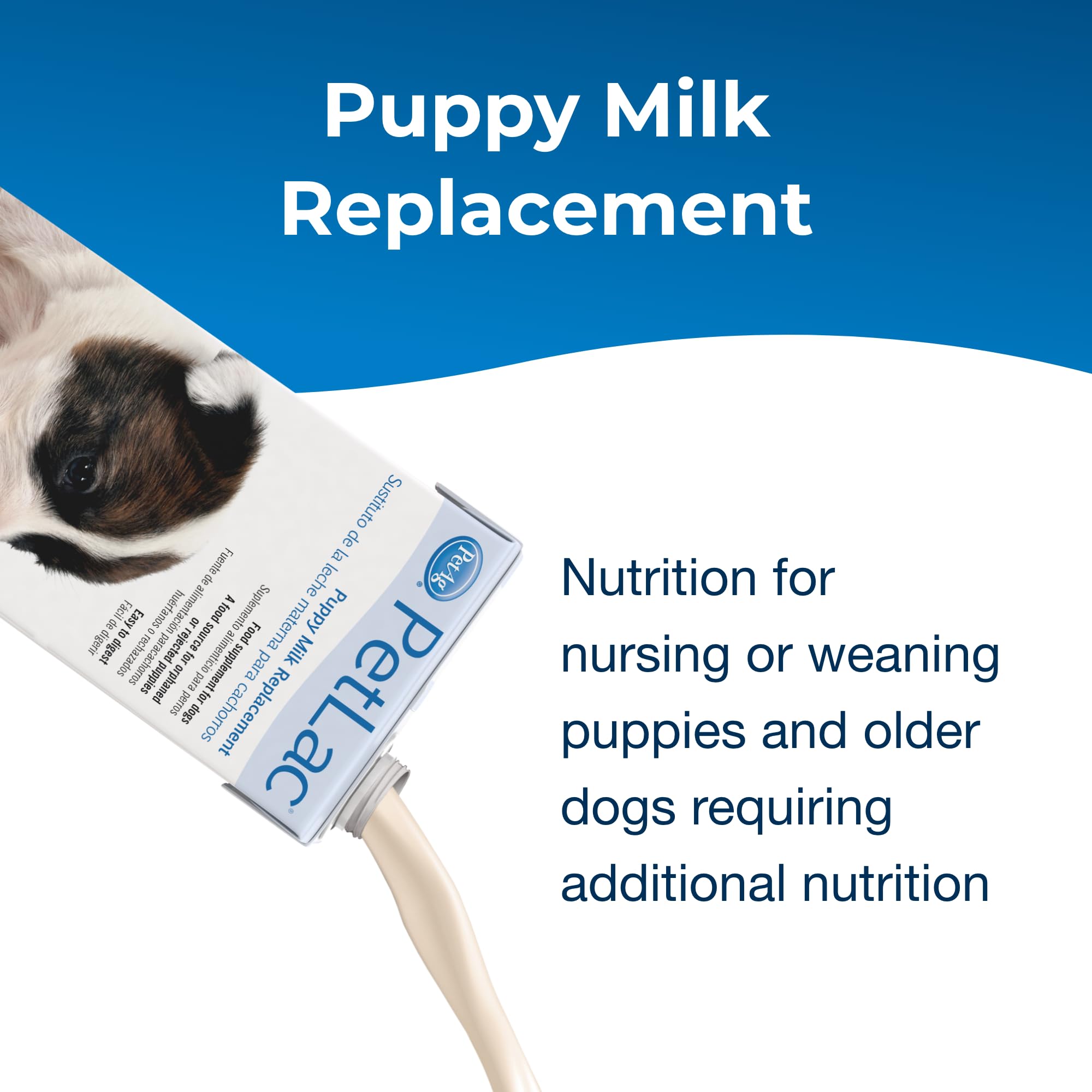 PetLac ready-to-feed milk for puppies, easy to portion for nursing or weaning.