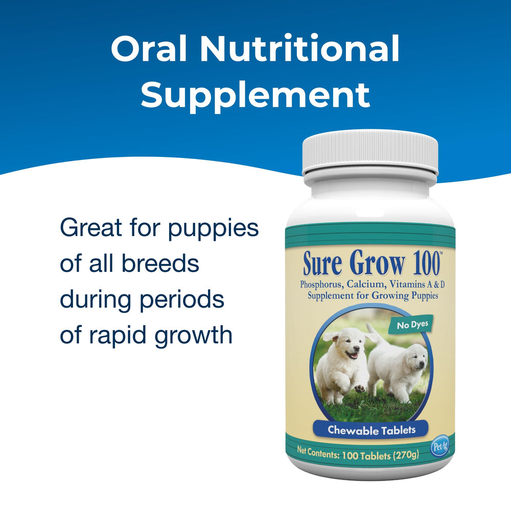 PetAg Sure Grow 100 packaging shown as trusted puppy supplement.
