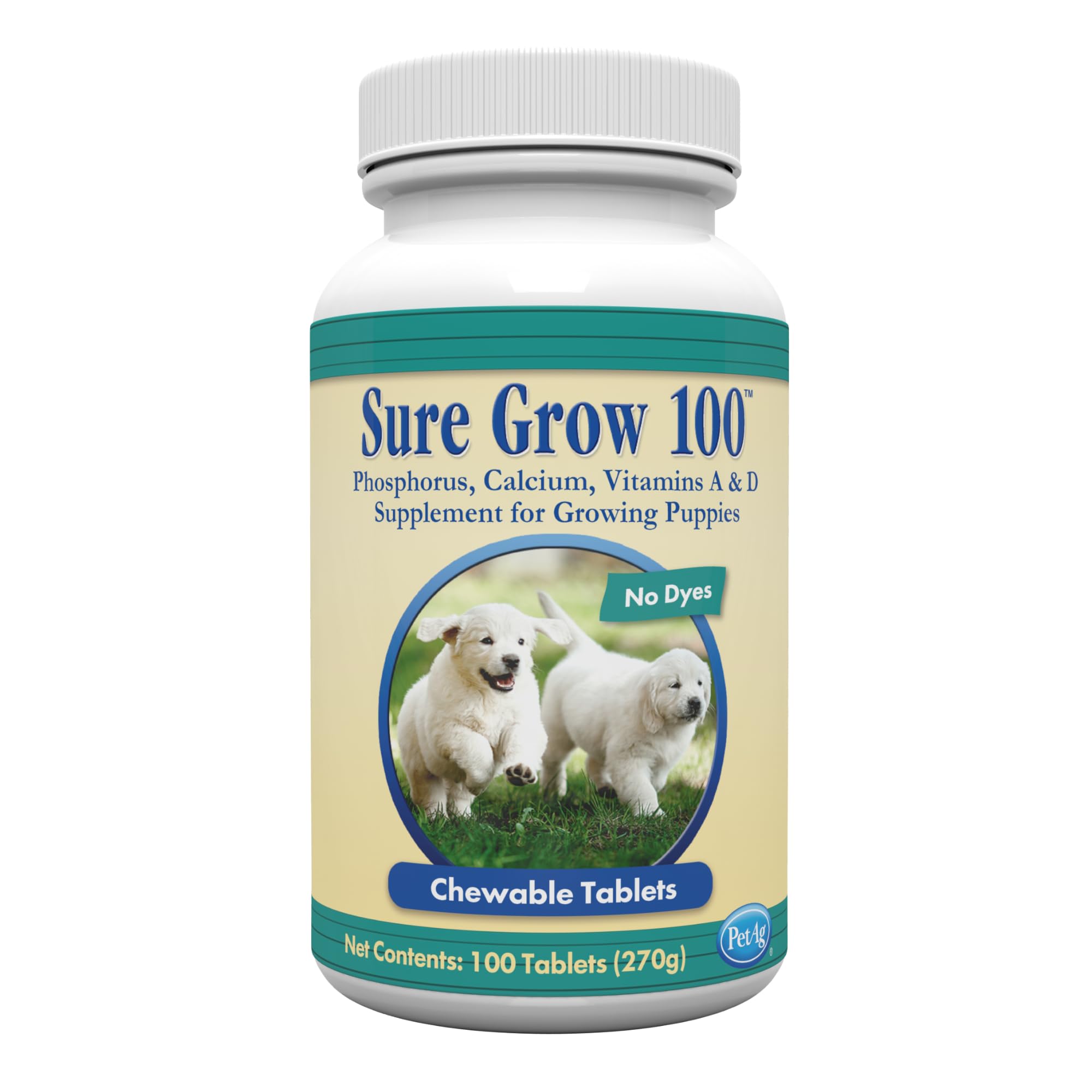 PetAg Sure Grow 100 tablets visible in bottle for puppies' development.