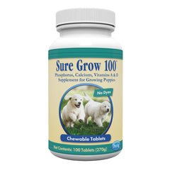 PetAg Sure Grow 100 tablets visible in bottle for puppies' development.