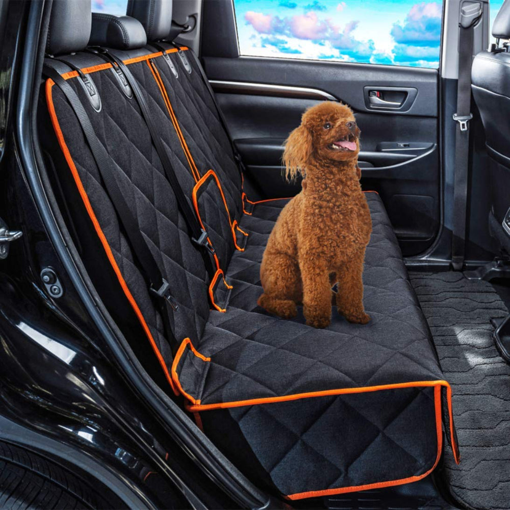 Petalage car seat protector front view shows wide 52x50 inch coverage to keep seats clean.