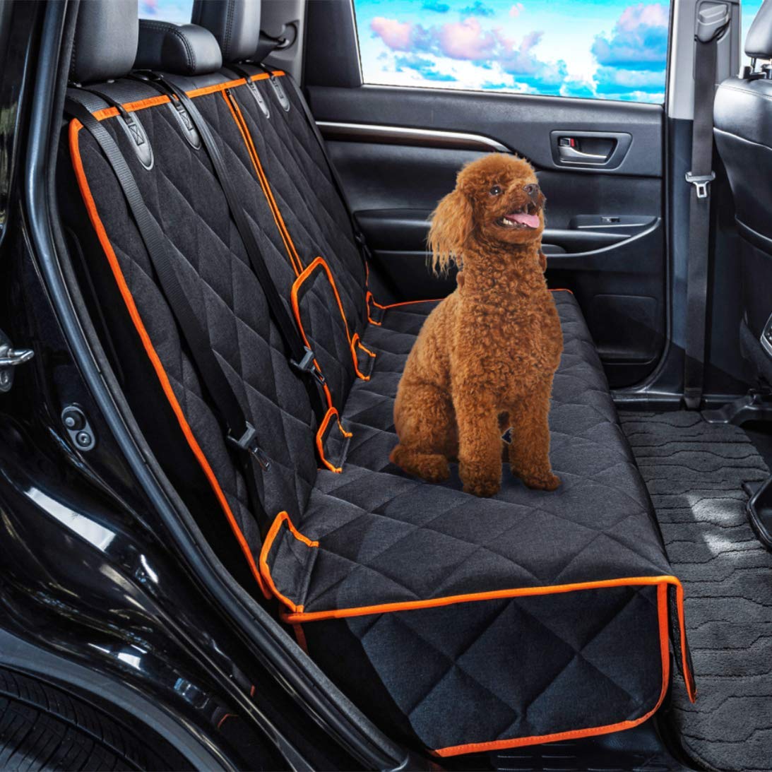 Petalage car seat protector front view shows wide 52x50 inch coverage to keep seats clean.