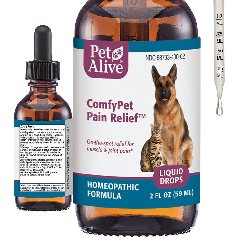 PetAlive ComfyPet Pain Relief Drops bottle showing gentle joint support for pets