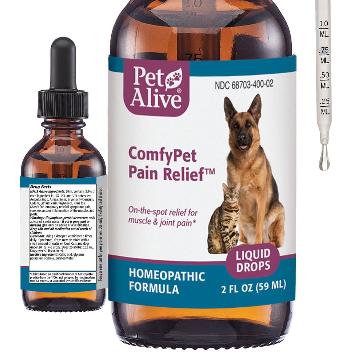 PetAlive ComfyPet Pain Relief Drops bottle showing gentle joint support for pets