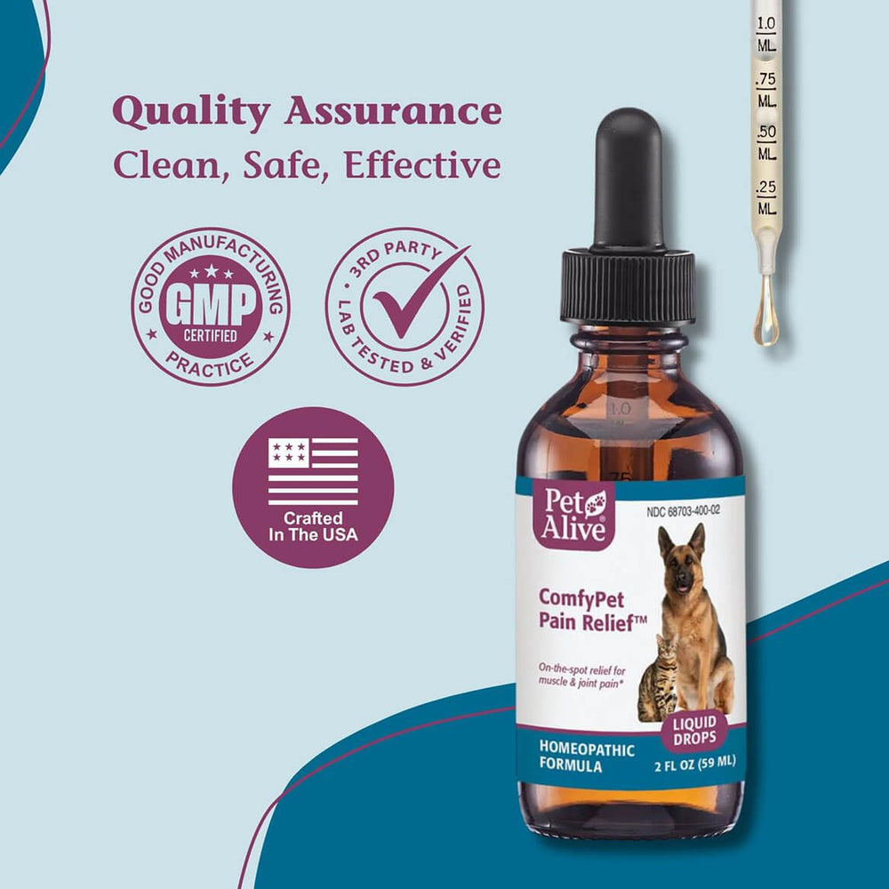 PetAlive ComfyPet Pain Relief Drops packaging close-up of ingredients