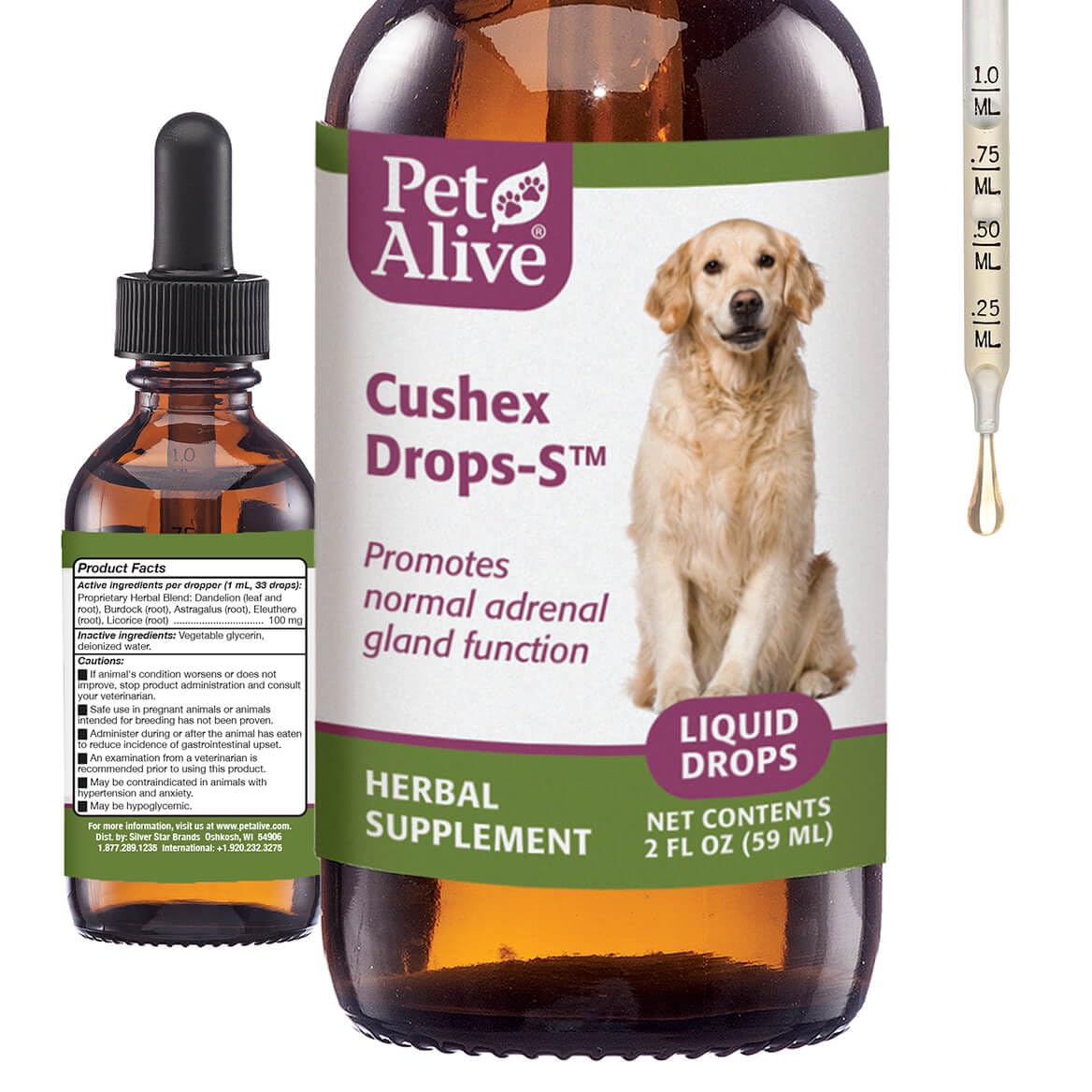 PetAlive Cushex Drops-S bottle front showing adrenal balance support for pets.