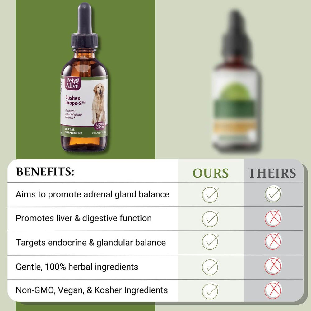 PetAlive Cushex Drops-S full ingredients list showcasing herbal purity.