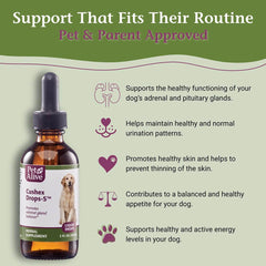 PetAlive Cushex Drops-S label close-up highlighting premium herbal ingredients.
