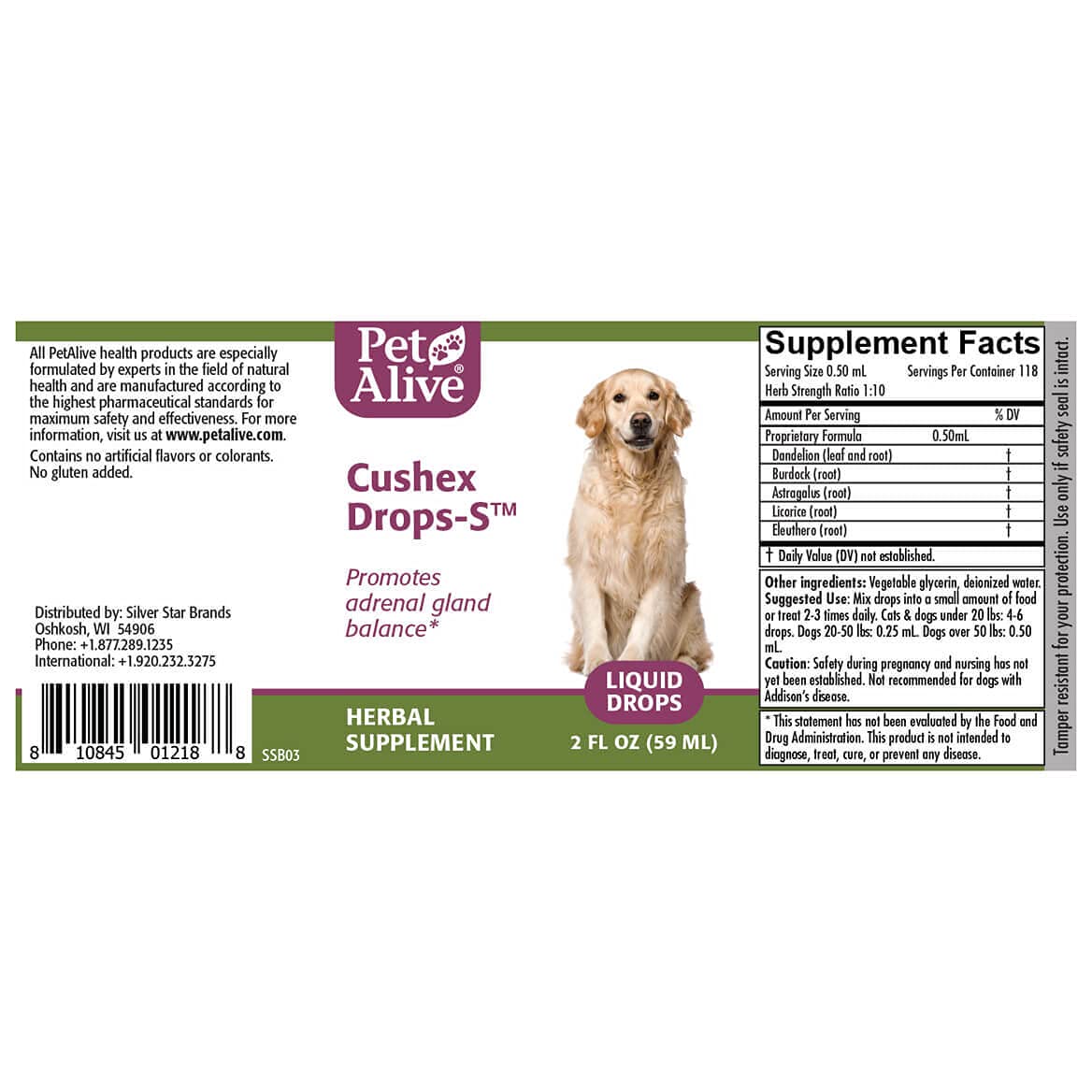 PetAlive Cushex Drops-S packaging shot with bottle and box.