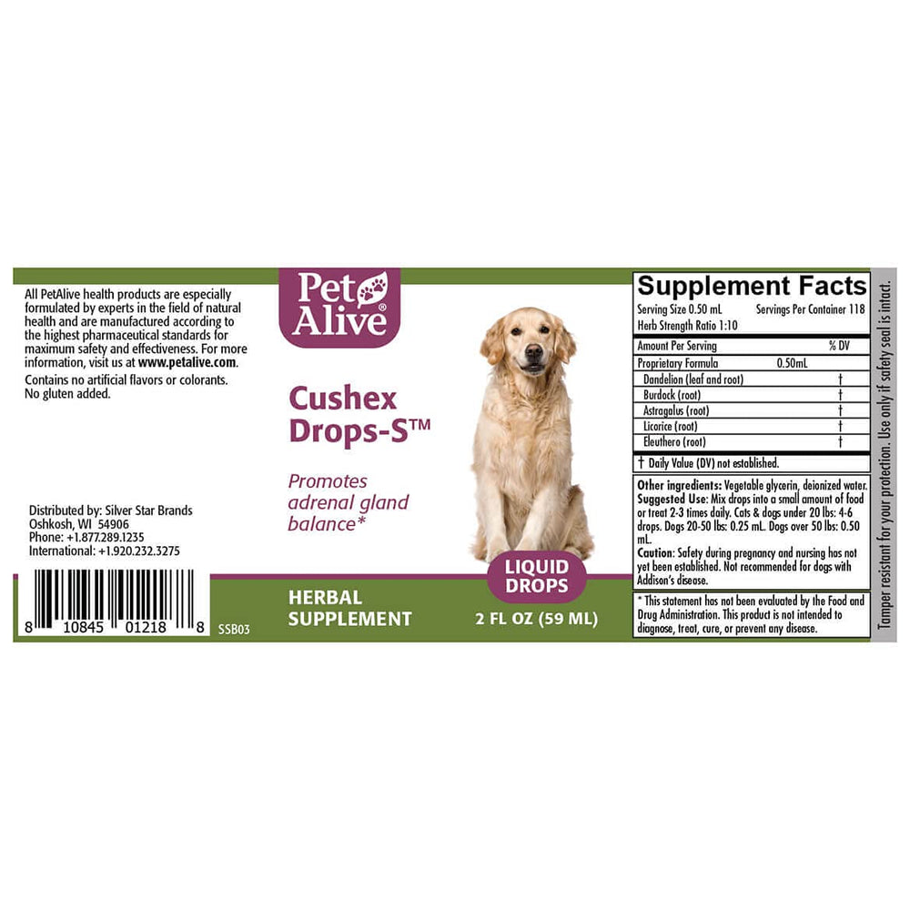 PetAlive Cushex Drops-S packaging shot with bottle and box.