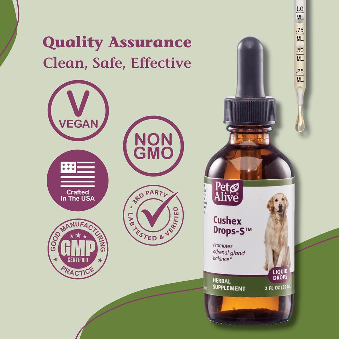 PetAlive Cushex Drops-S usage scene with a dog ready for administration.