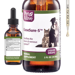 PetAlive EaseSure-S bottle label close-up showing herbal calming blend for pets