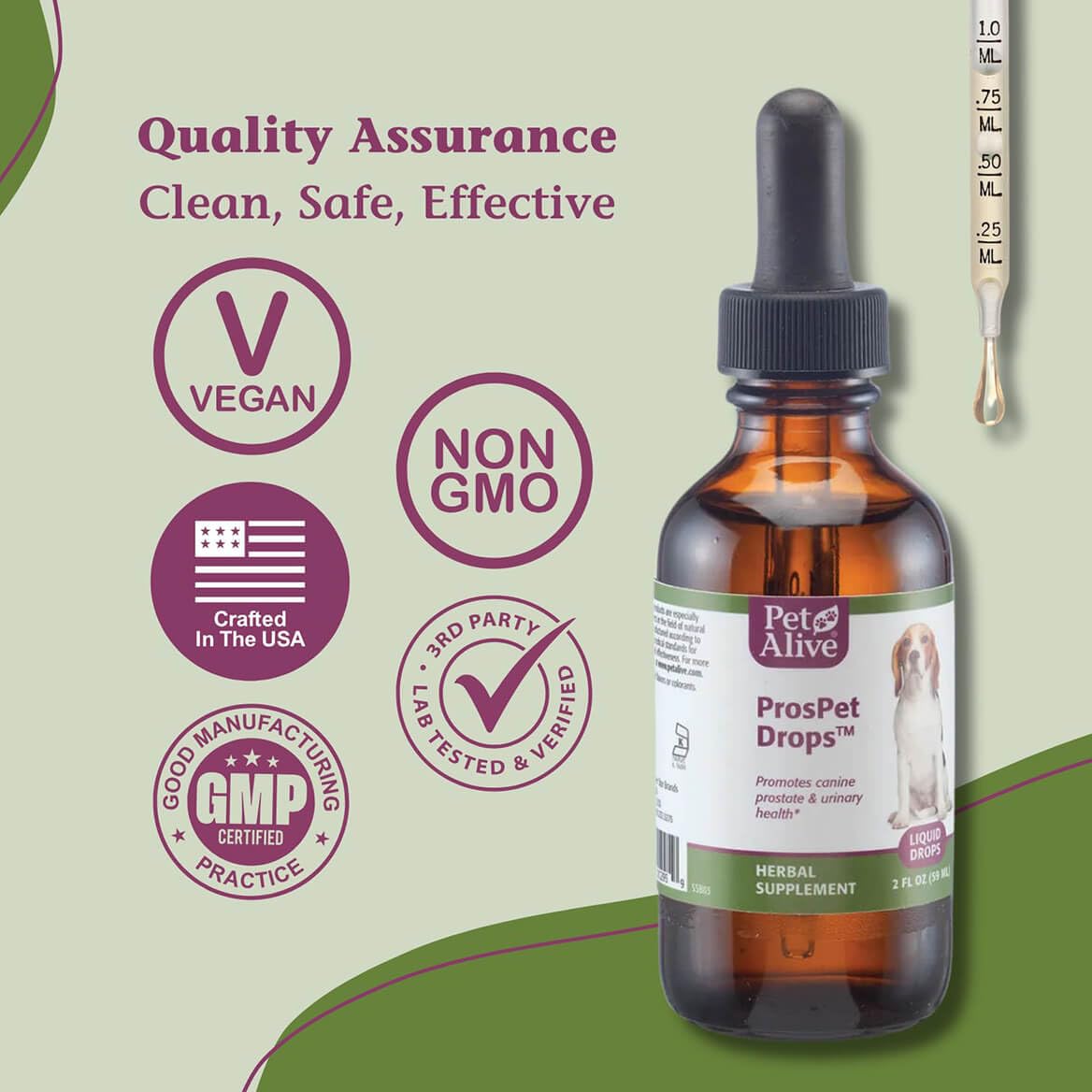 PetAlive ProsPet Drops ingredients close-up with herbal blend.