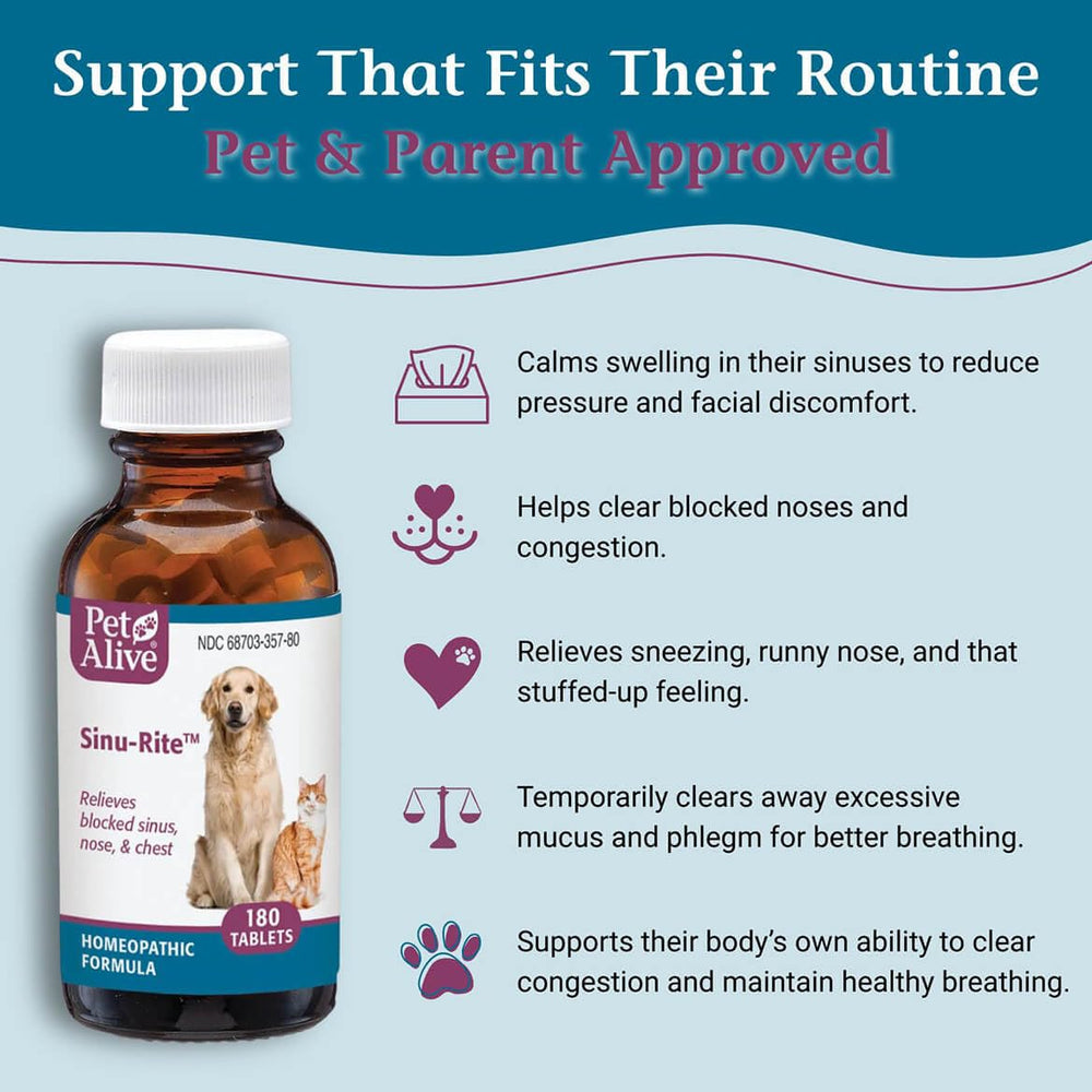PetAlive Sinu-Rite packaging label shows safe ingredients for pets.
