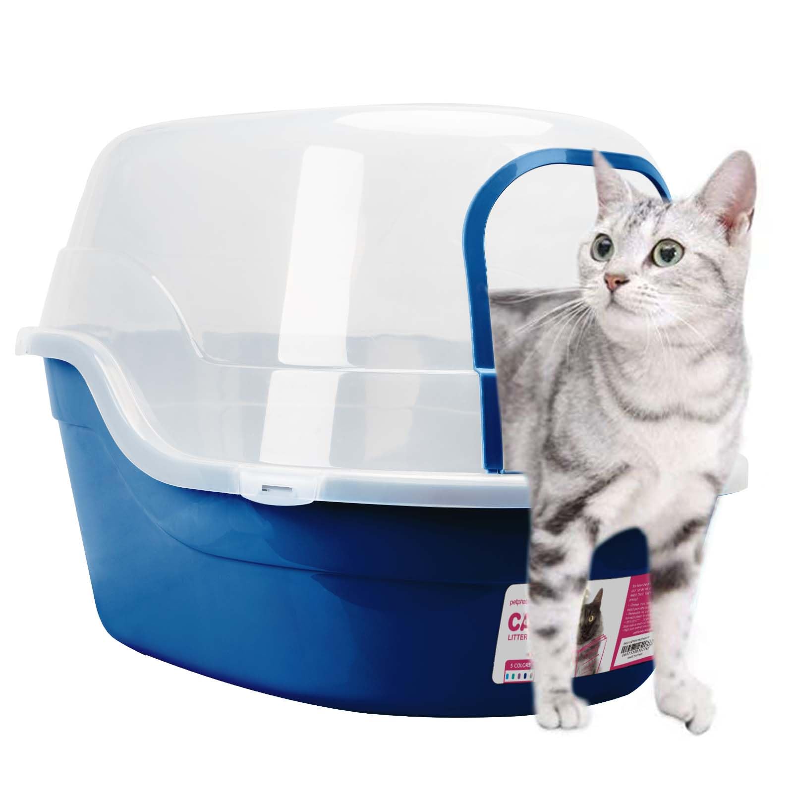Petalphabet covered litter box hooded top cover reduces spills.