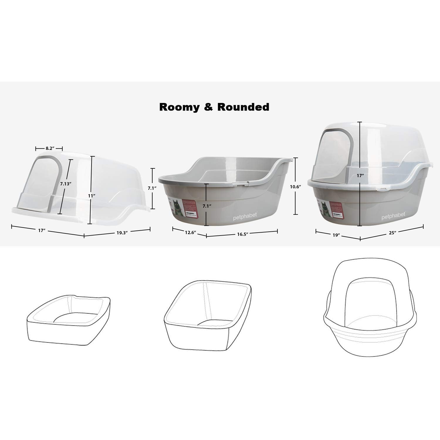 Petphabet Jumbo Hooded Cat Litter Box dimensions highlight spacious interior