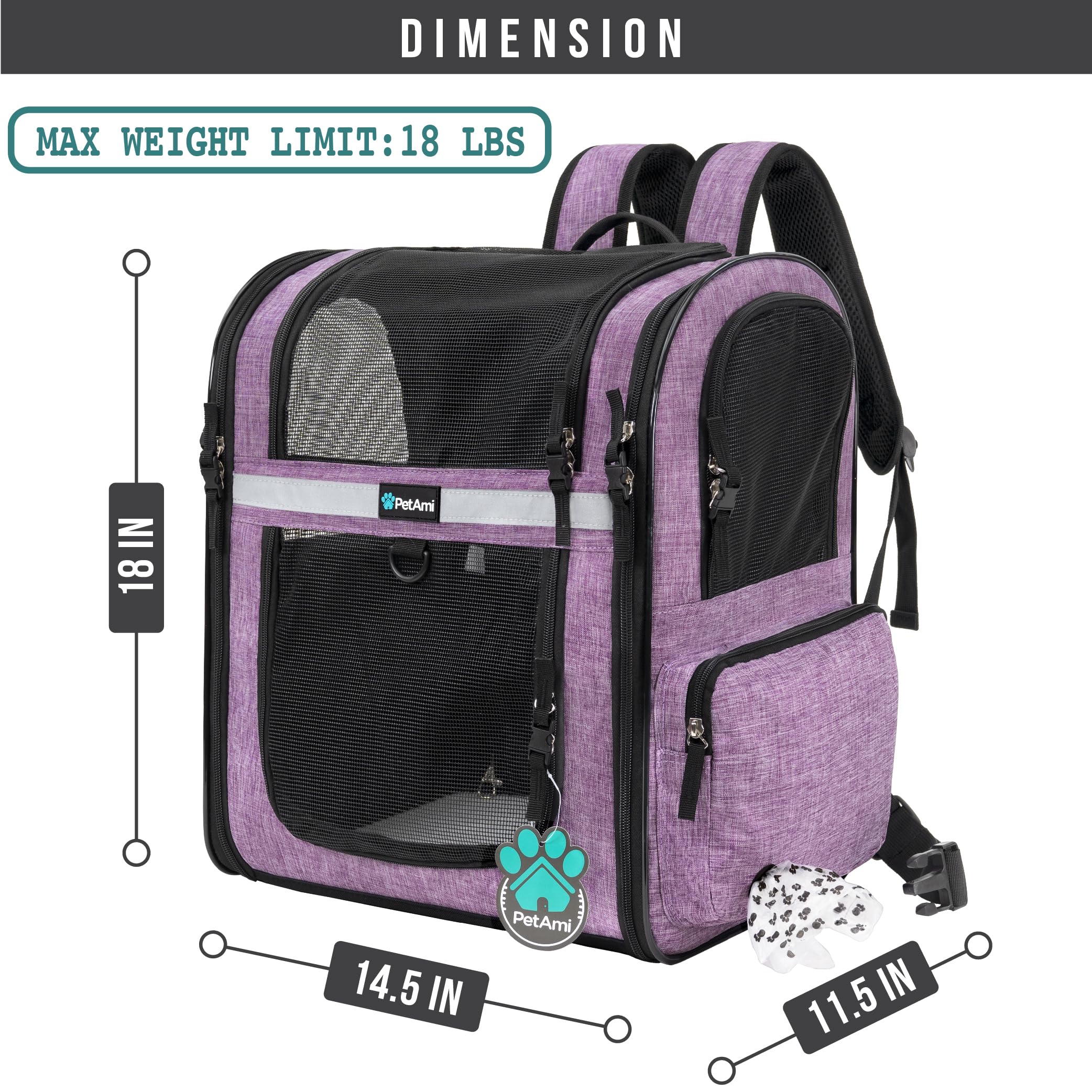 PetAmi backpack side-entry design for easy pet access and loading.