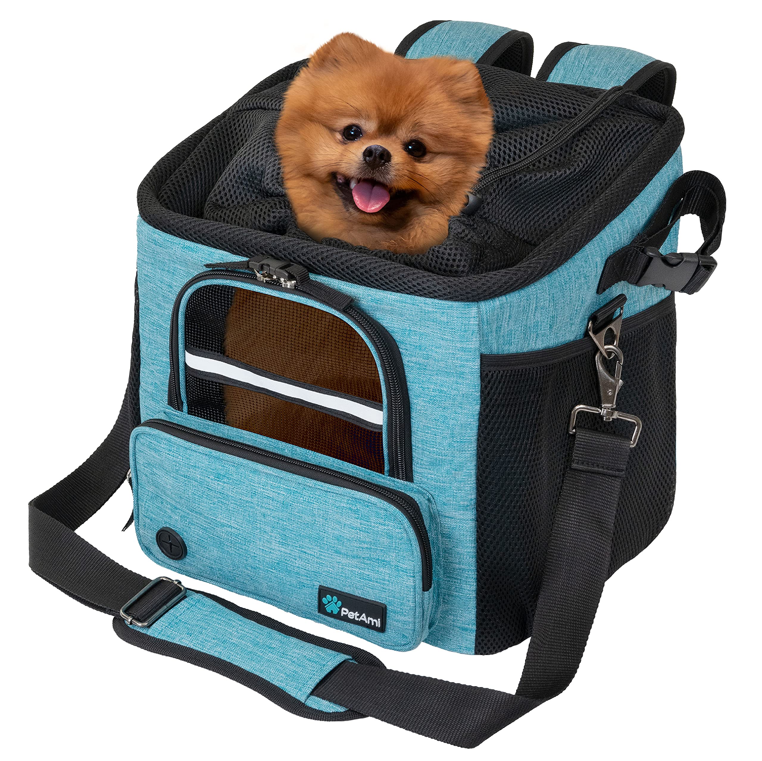 PetAmi basket features multiple pockets and poop bag dispenser.
