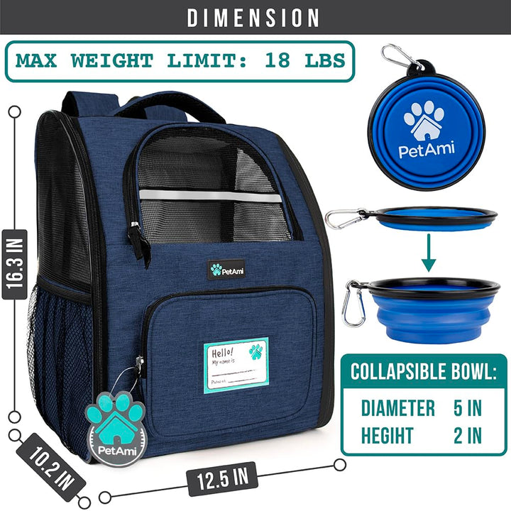 PetAmi cat backpack carrier showing ventilated mesh window for airflow.