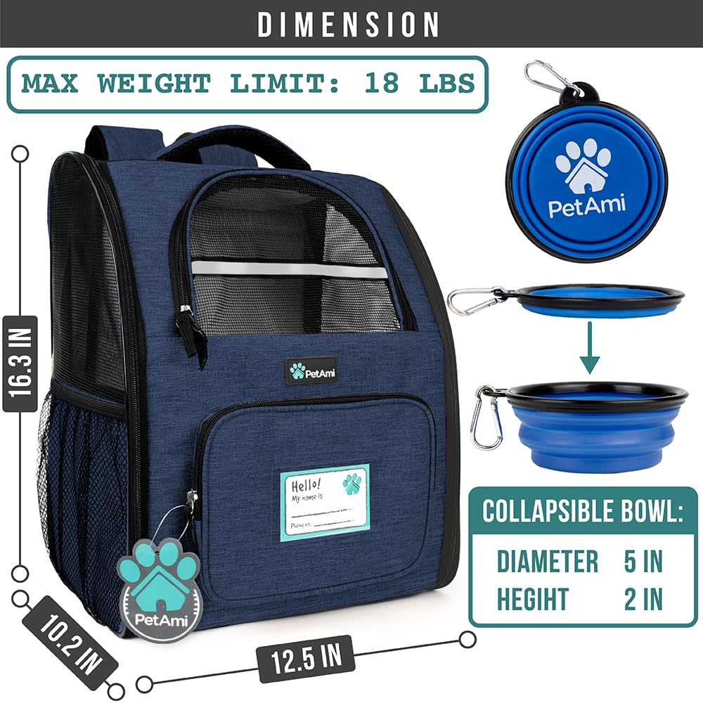 PetAmi cat backpack carrier showing ventilated mesh window for airflow.