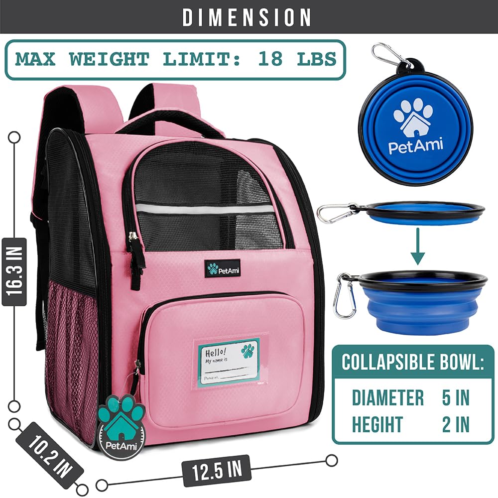 PetAmi cat backpack carrier with mesh ventilation for airflow and visibility.