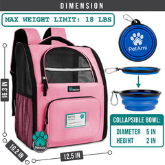 PetAmi cat backpack carrier with mesh ventilation for airflow and visibility.
