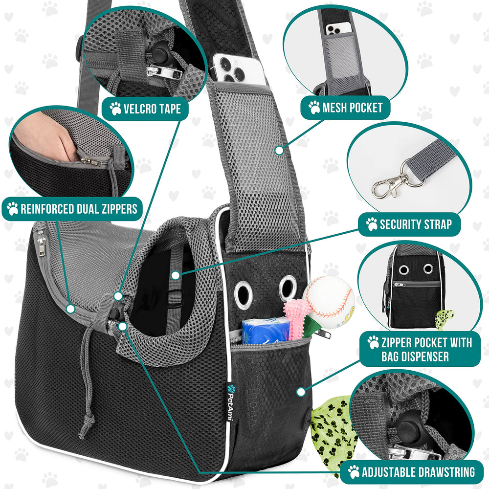 PetAmi crossbody interior view highlighting spacious pet area and ventilation.