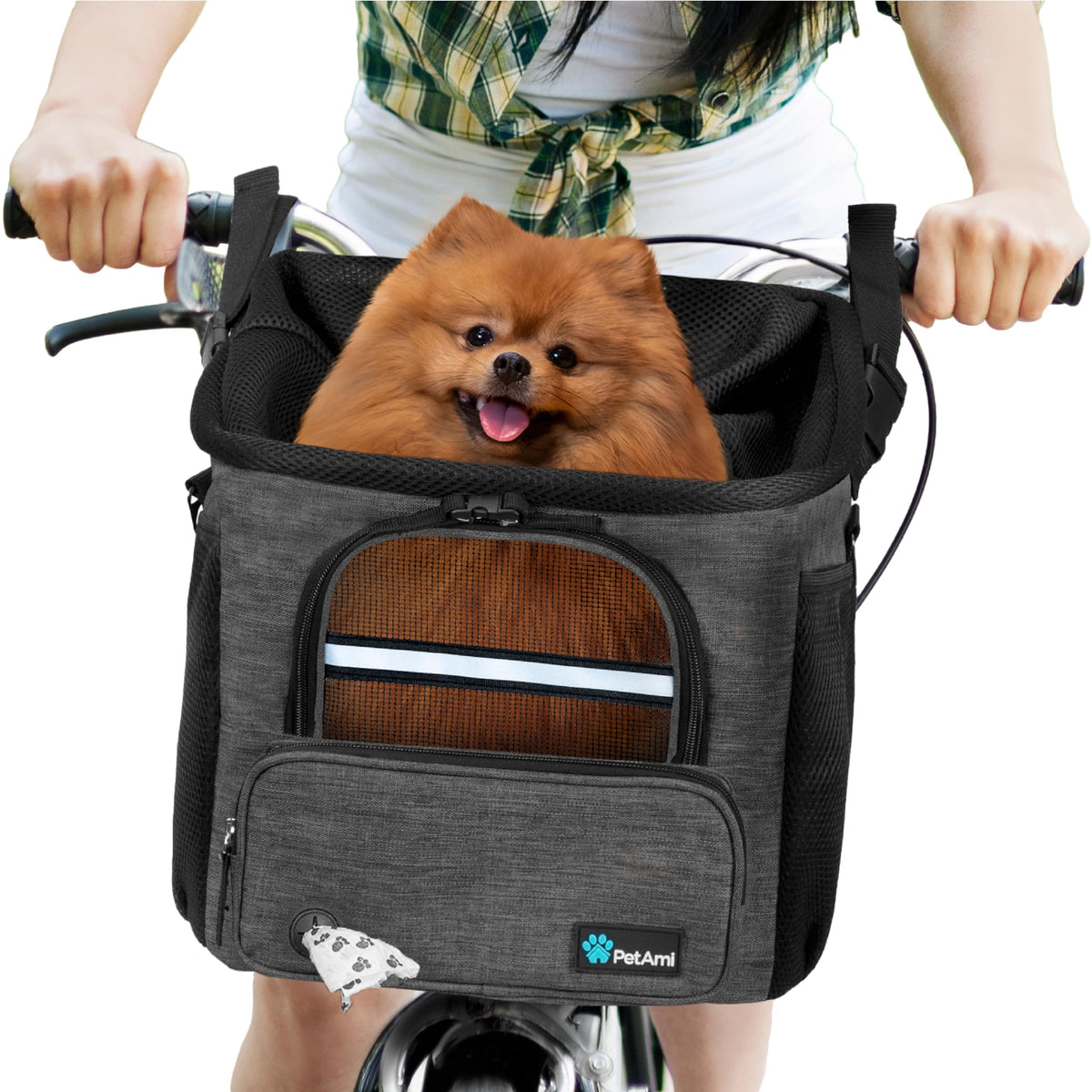 PetAmi dog bike basket on front handlebar provides secure, breathable transport for small pets.