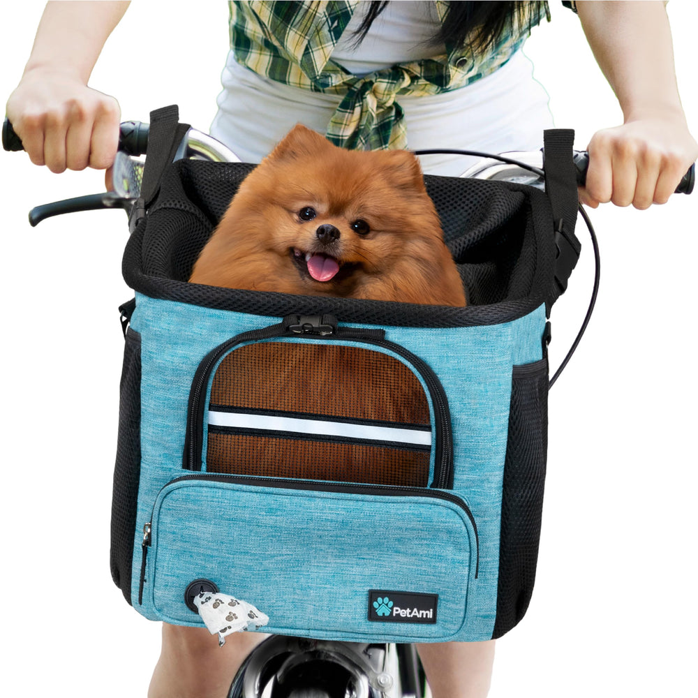 PetAmi dog bike basket front view with secure handlebar mount for safe rides.