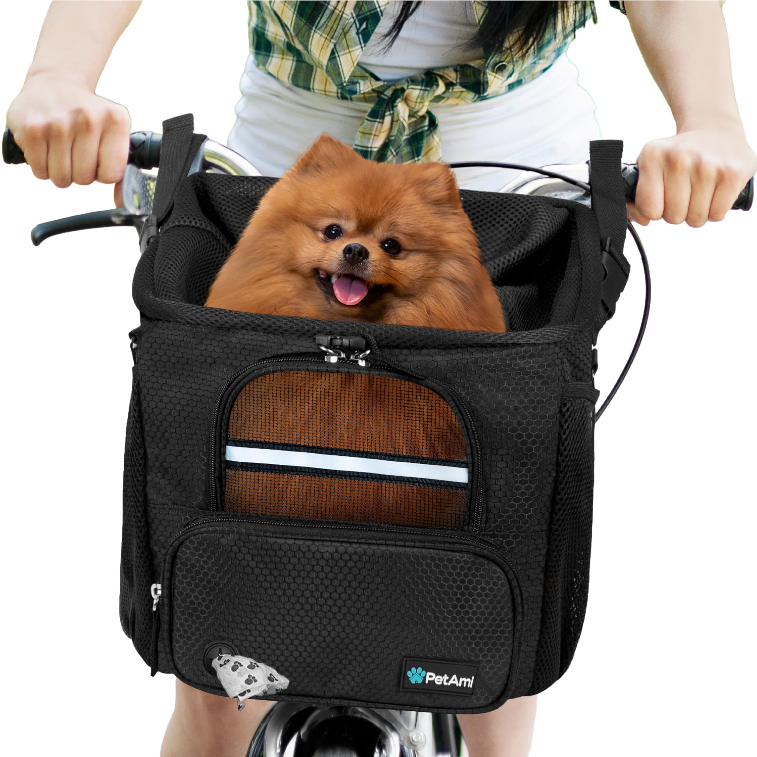PetAmi Dog Bike Basket front view with secure handlebars attachment for small pets.