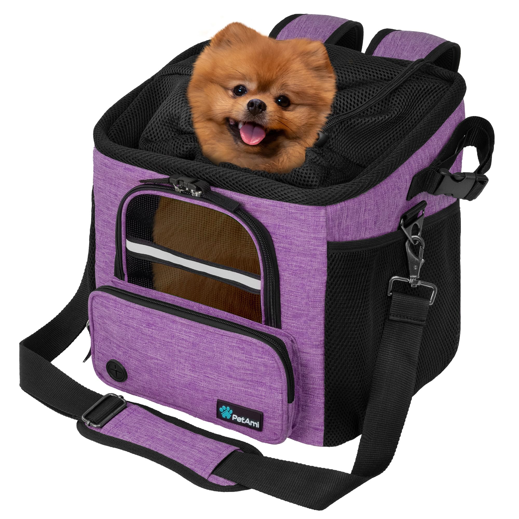 PetAmi Basket with pockets and poop bag dispenser for essentials.