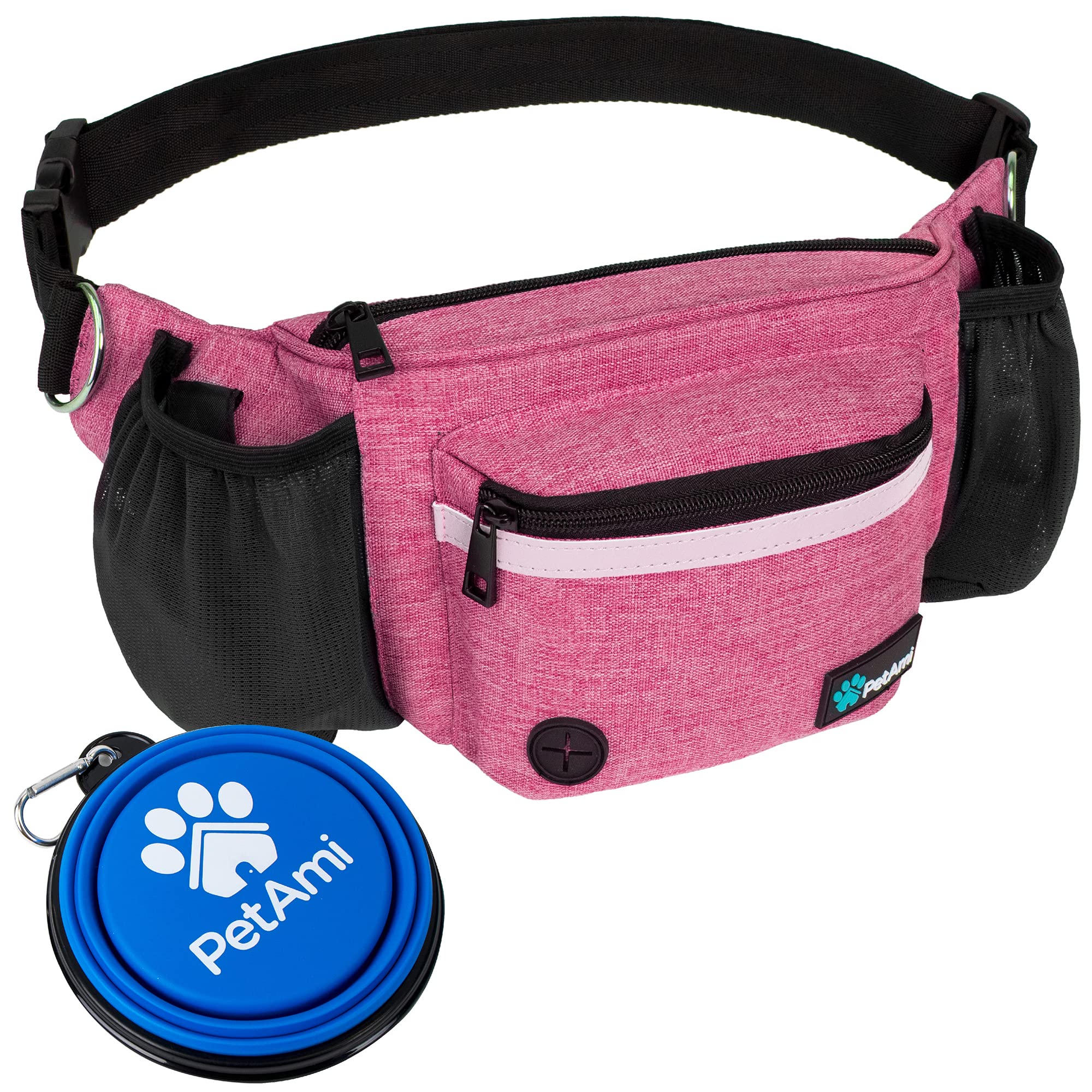 PetAmi dog fanny pack front view in pink for hands-free walks.