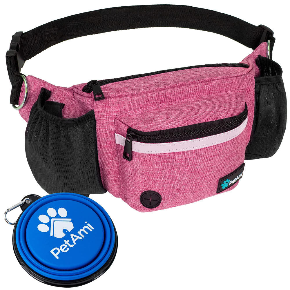 PetAmi dog fanny pack front view in pink for hands-free walks.