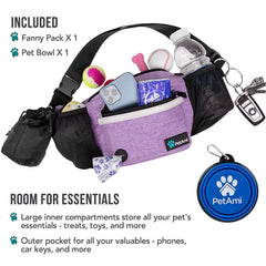 PetAmi dog fanny pack purple collapsible bowl for on-the-go hydration