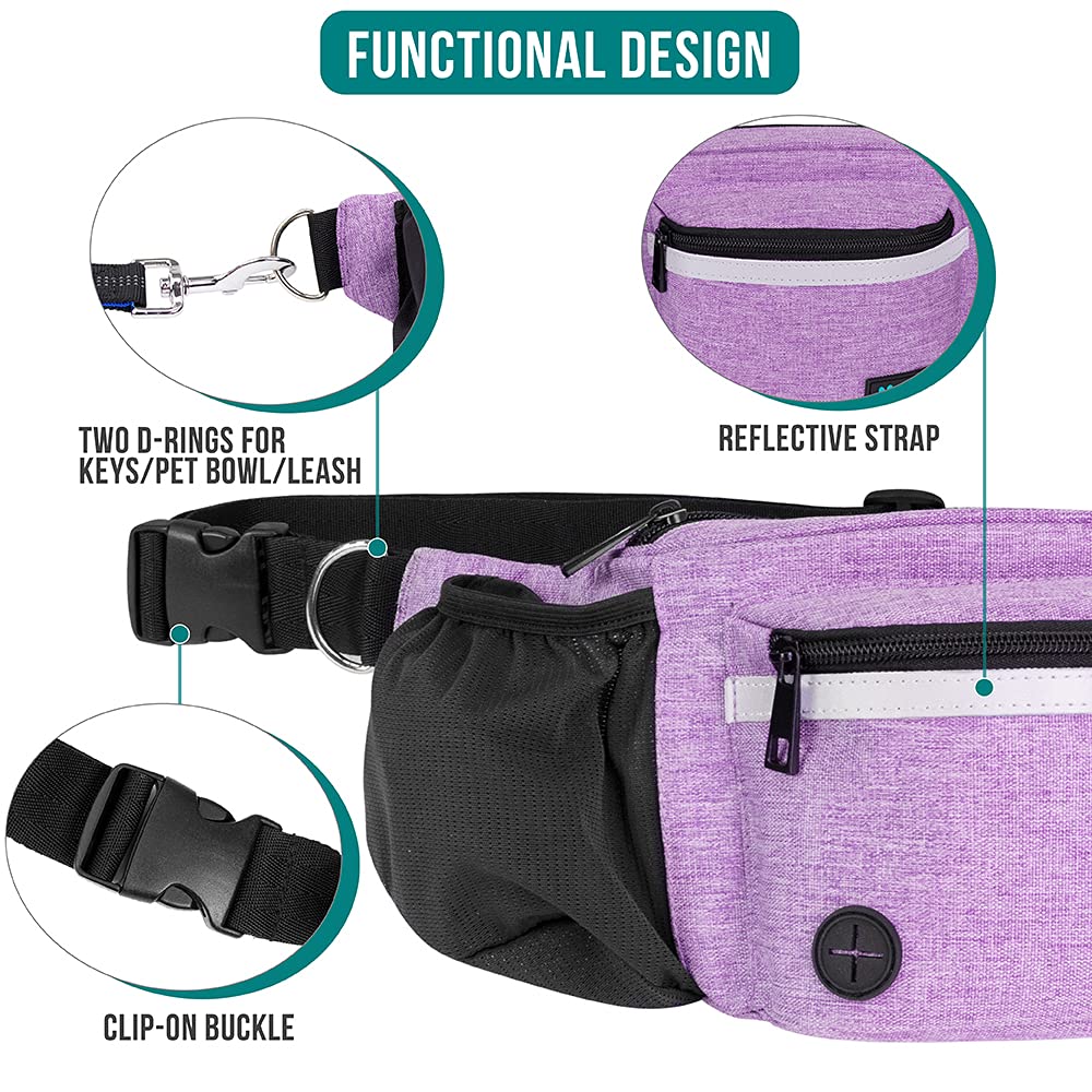 PetAmi dog fanny pack purple built-in poop bag dispenser for cleanup