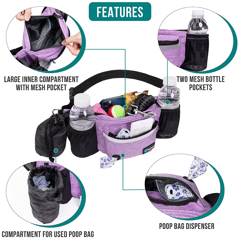PetAmi dog fanny pack purple water bottle holder keeps drinks handy
