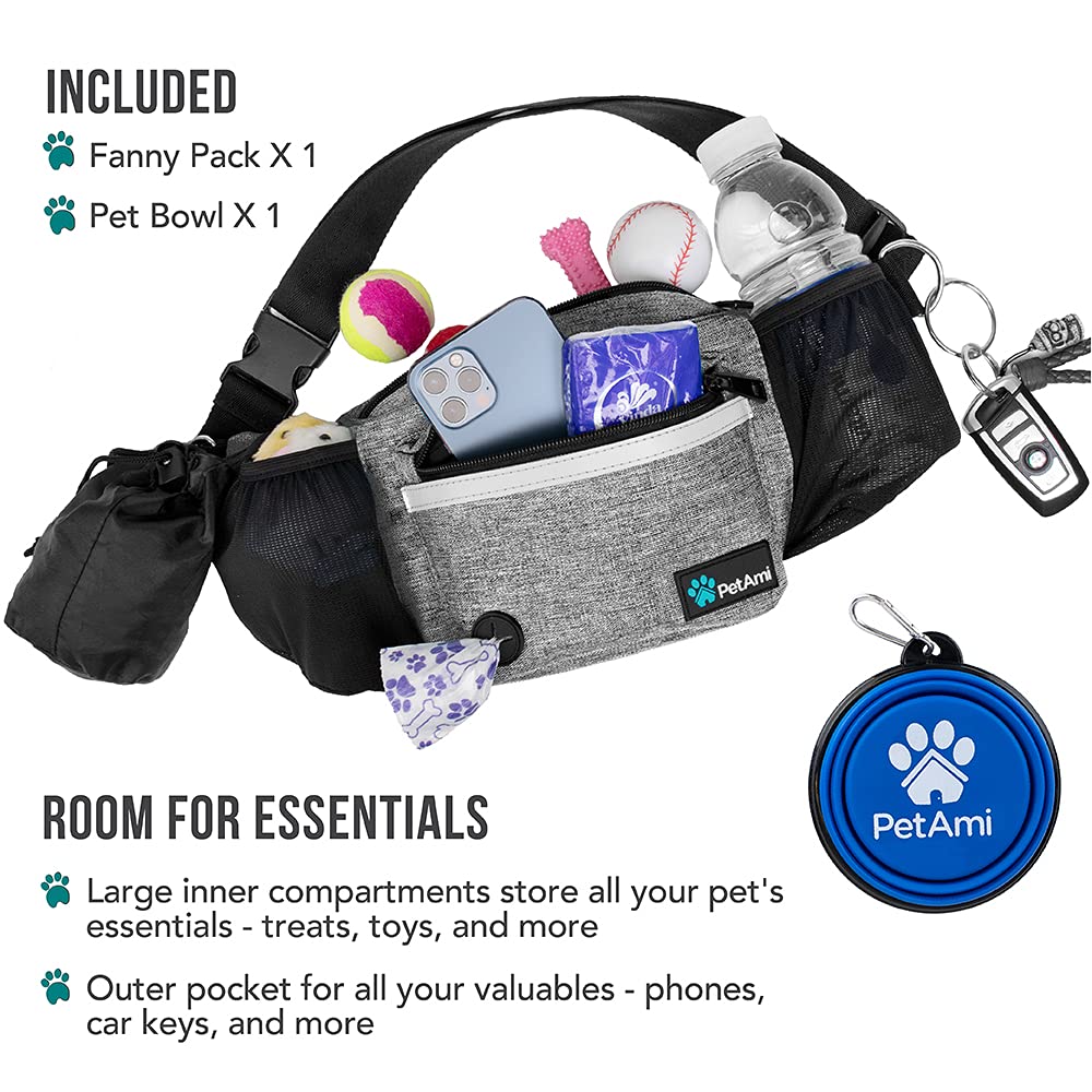 PetAmi Dog Fanny Pack side pocket with water bottle holder for outdoor adventures.